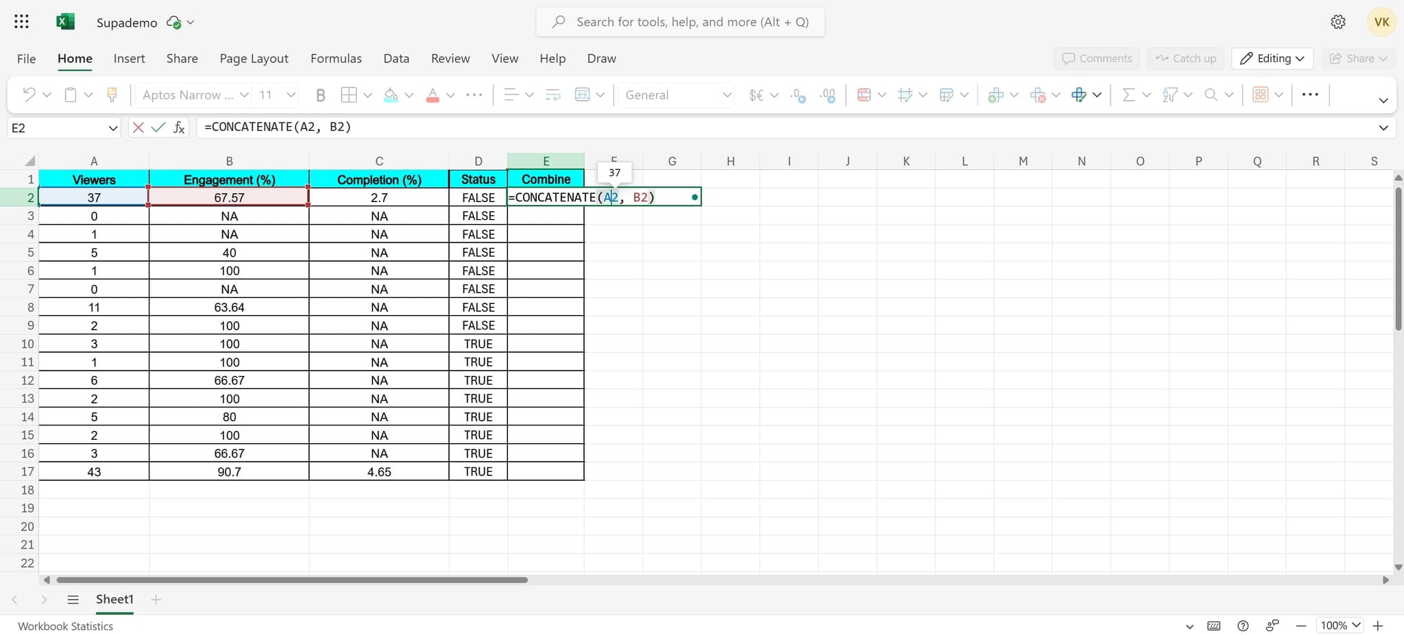 Enter the CONCATENATE formula