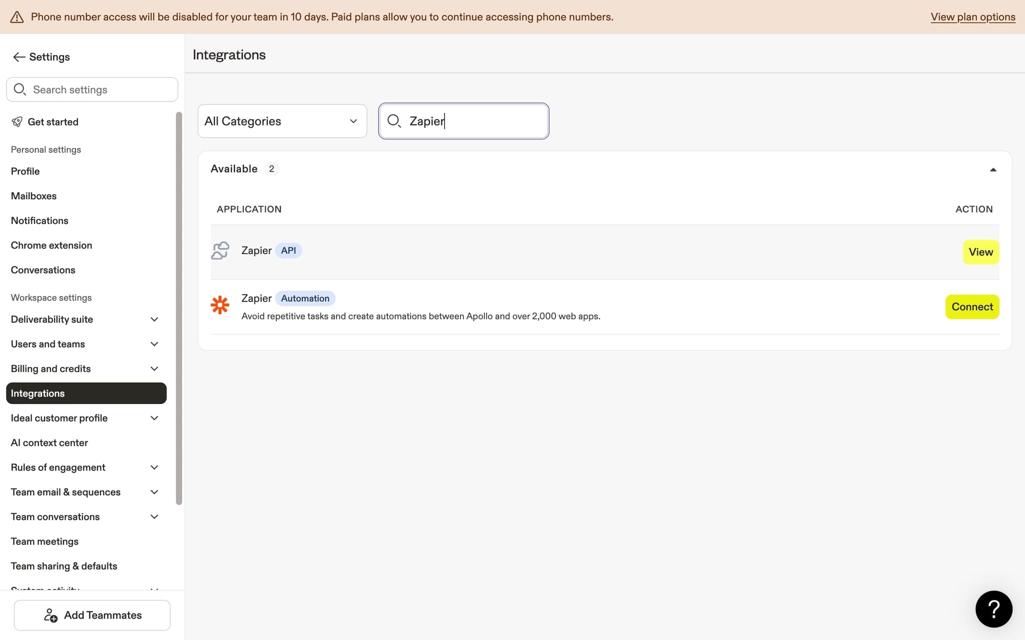 Click View to open API details