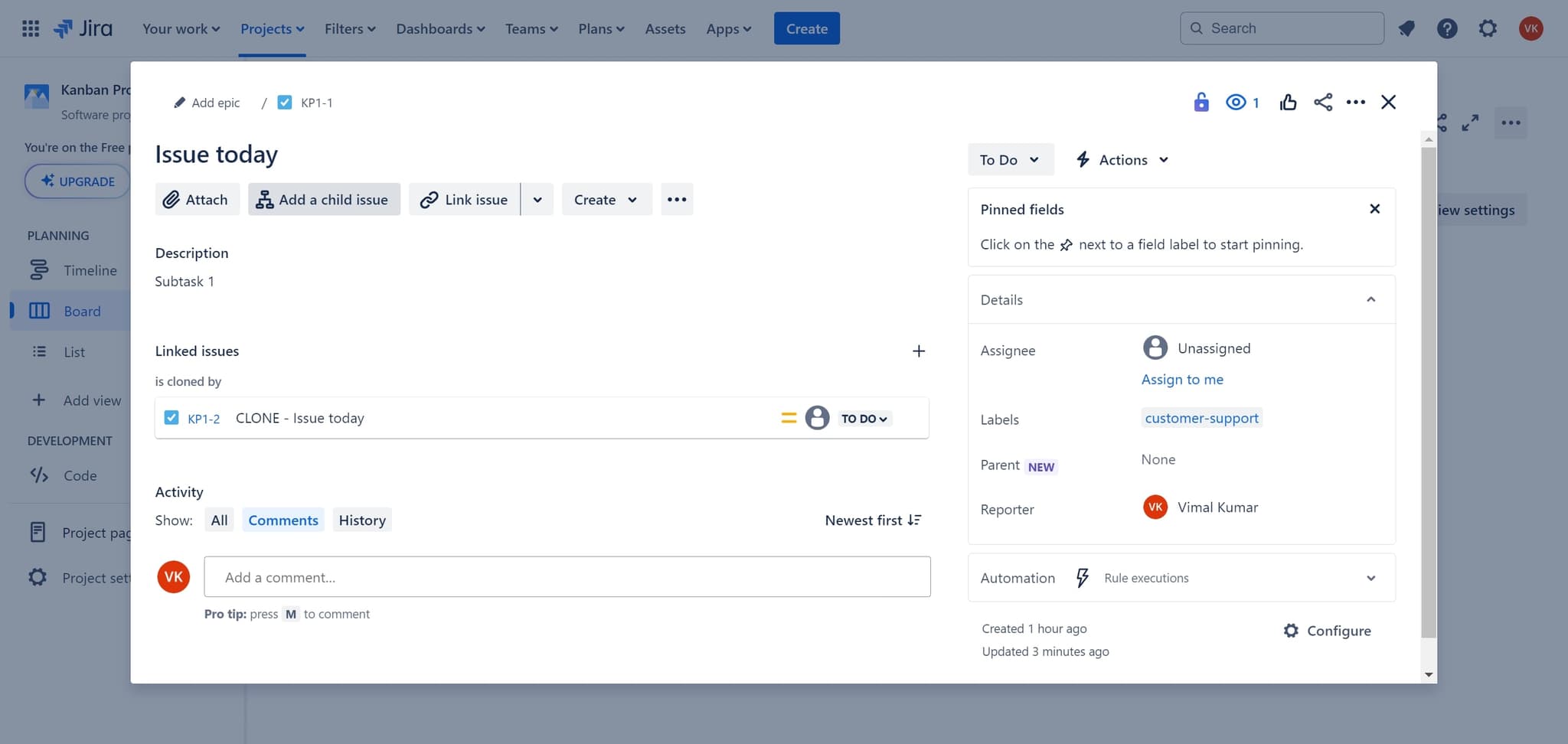 Add a child issue option