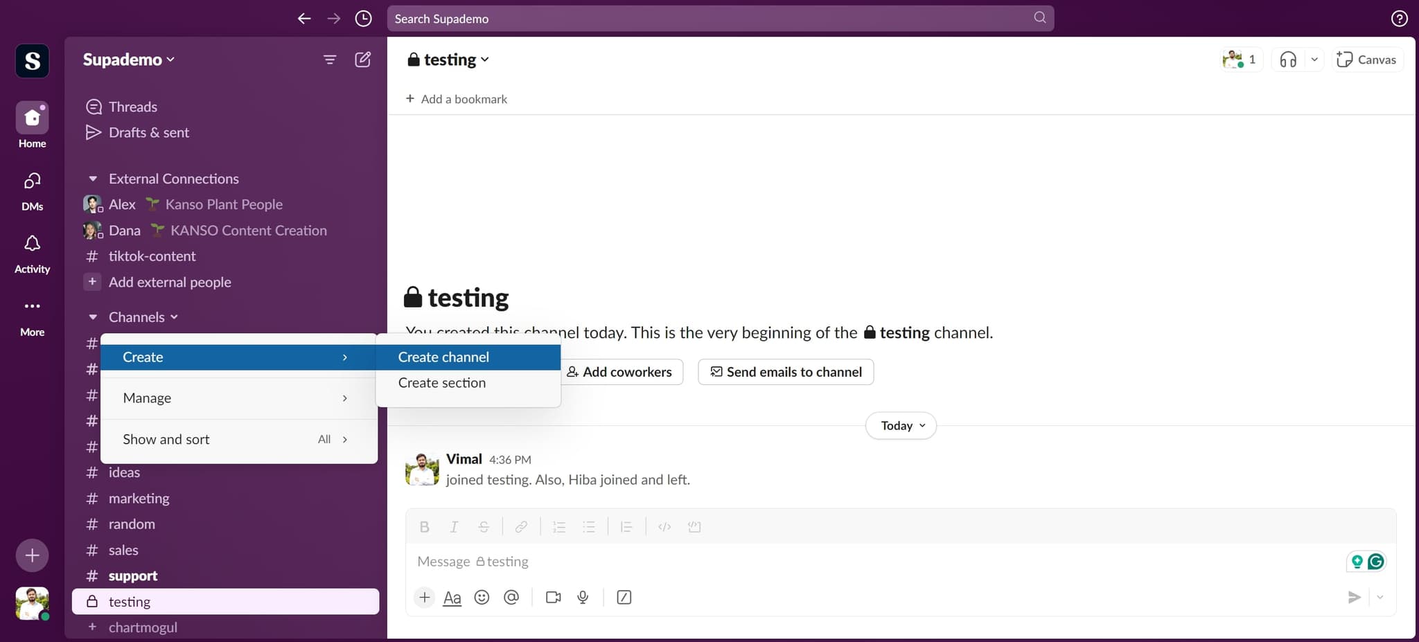 Select 'Create channel' option