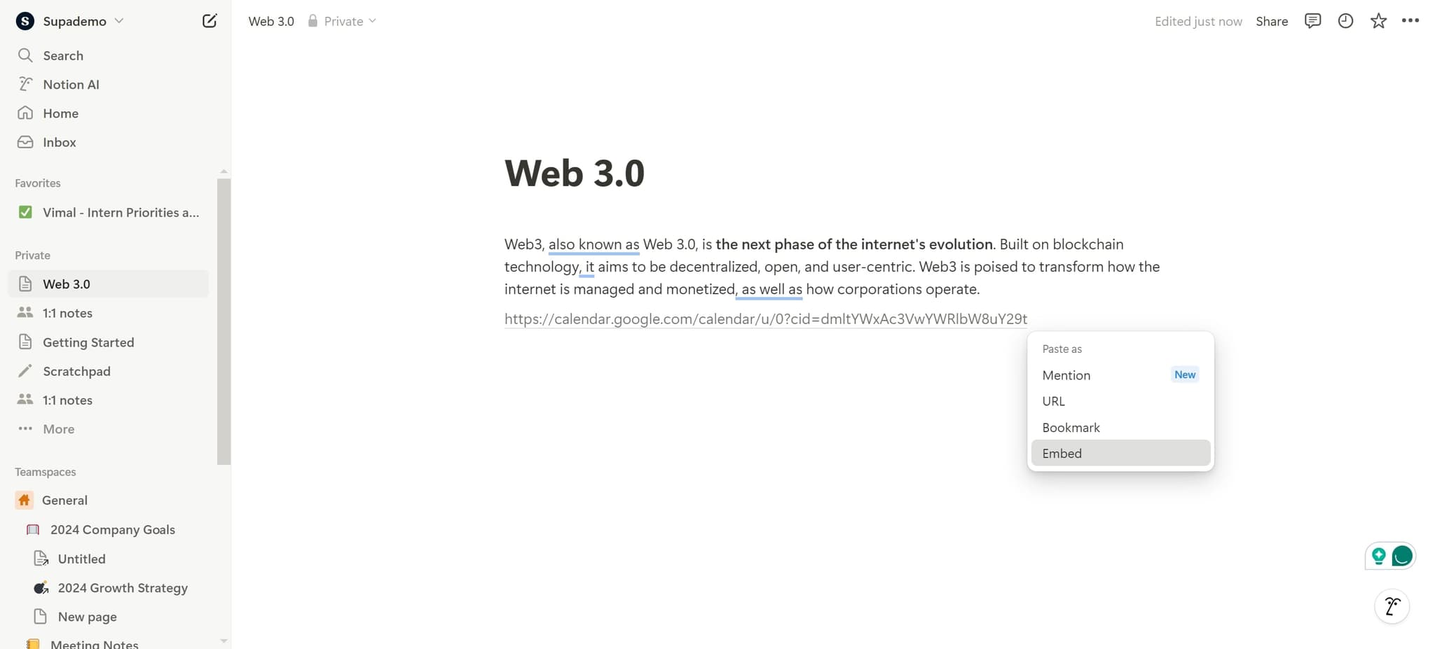 Embed the calendar in Notion