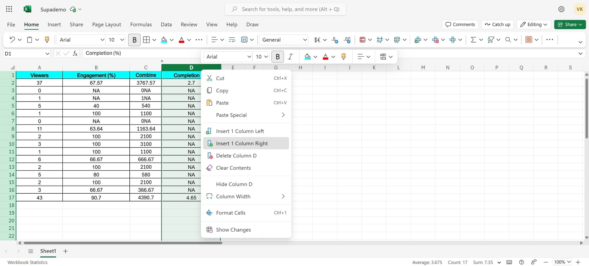Insert column to the right