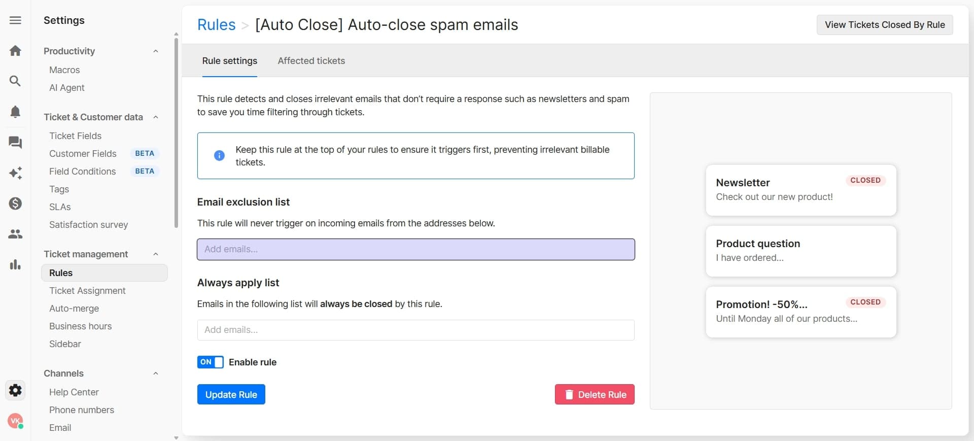 Configure rule settings and priority