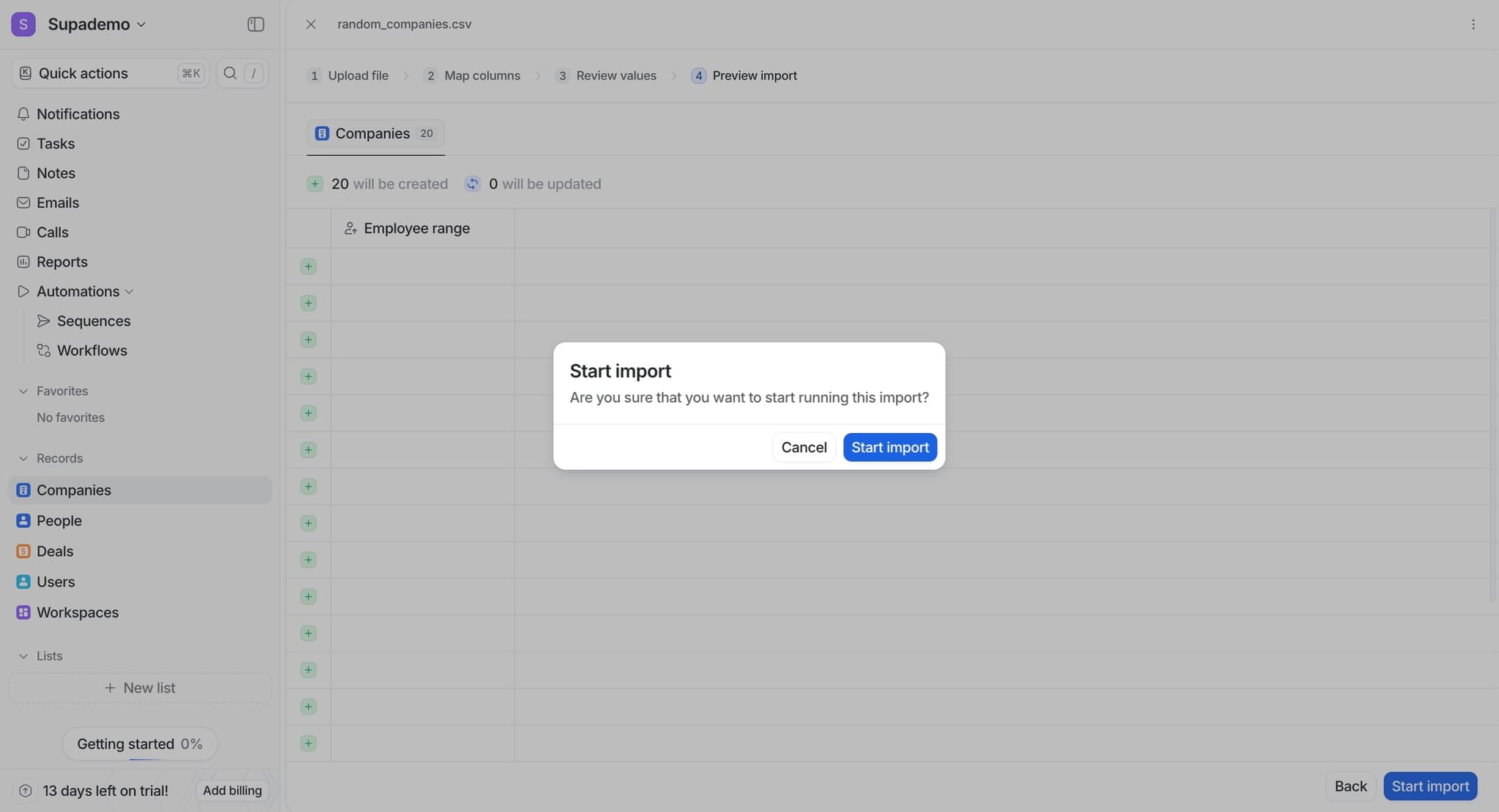 Confirm and start import