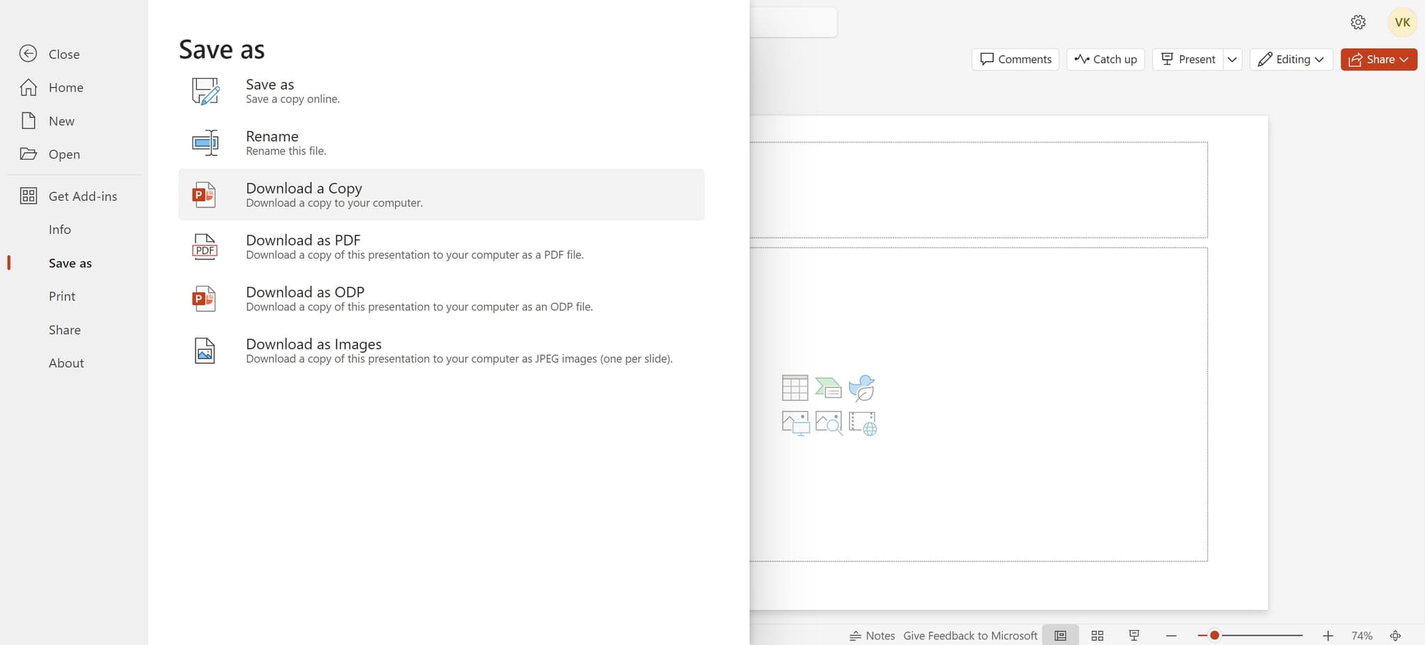 Click Download a copy to your computer