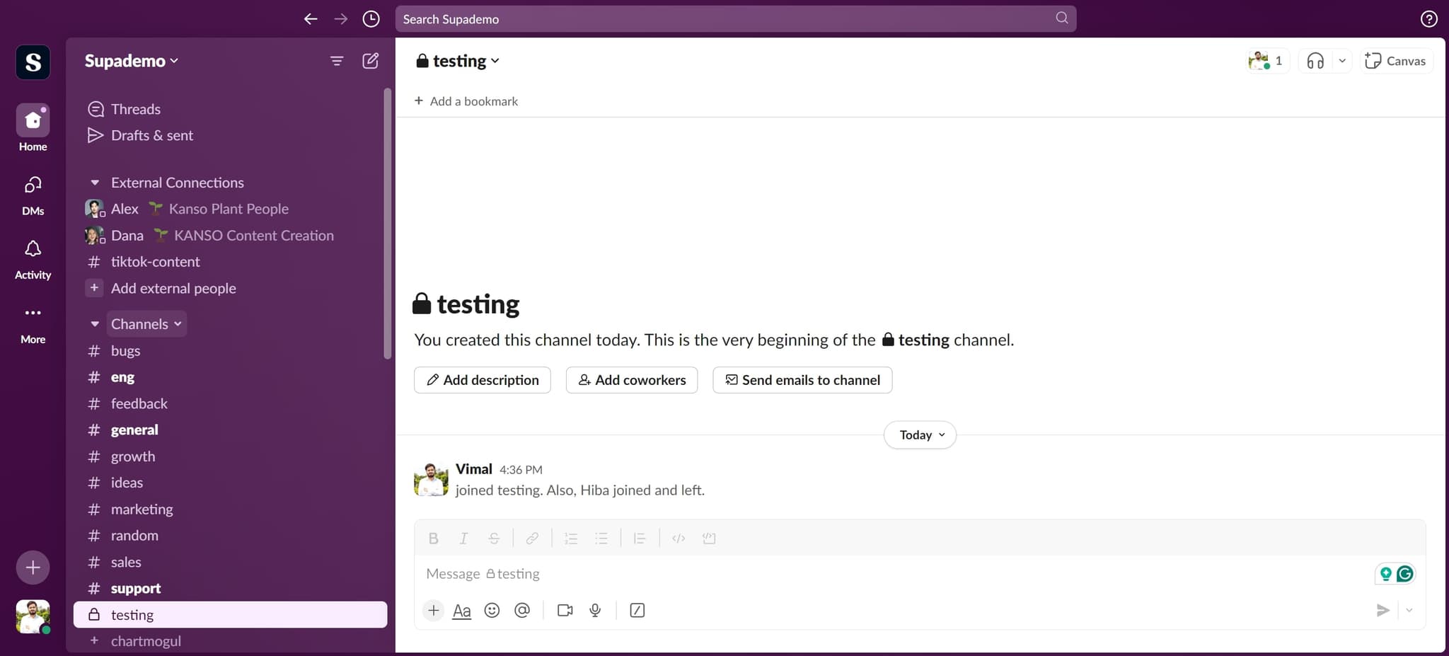 Access the channel creation menu