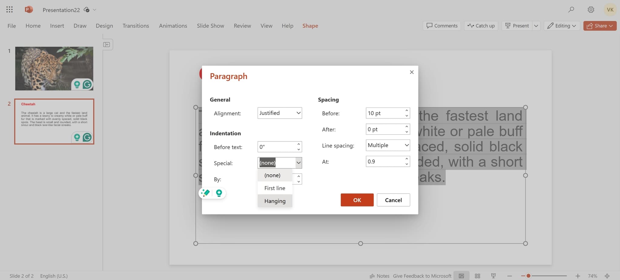 Select the hanging indent