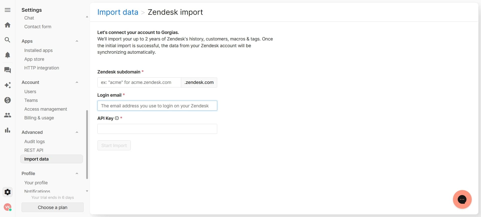 Access Gorgias import settings