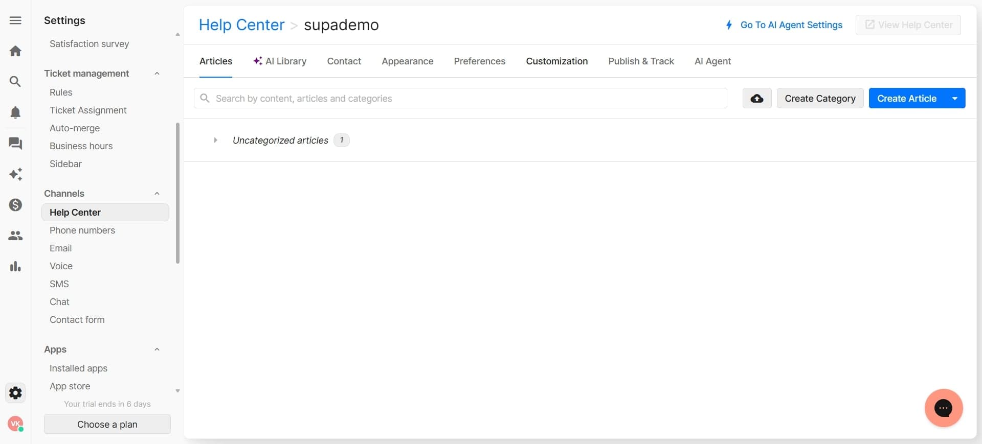 Access Help Center settings