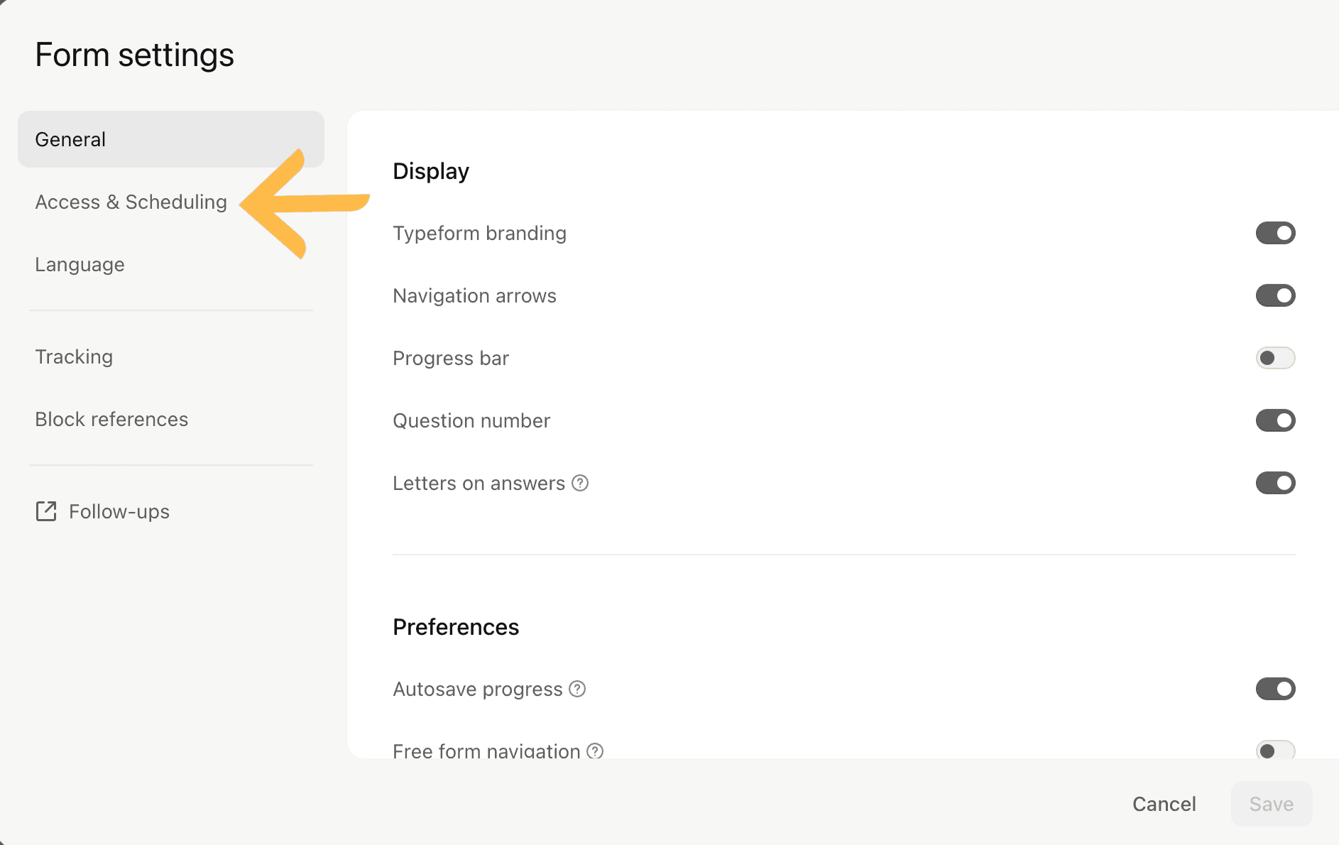 Access the form settings menu