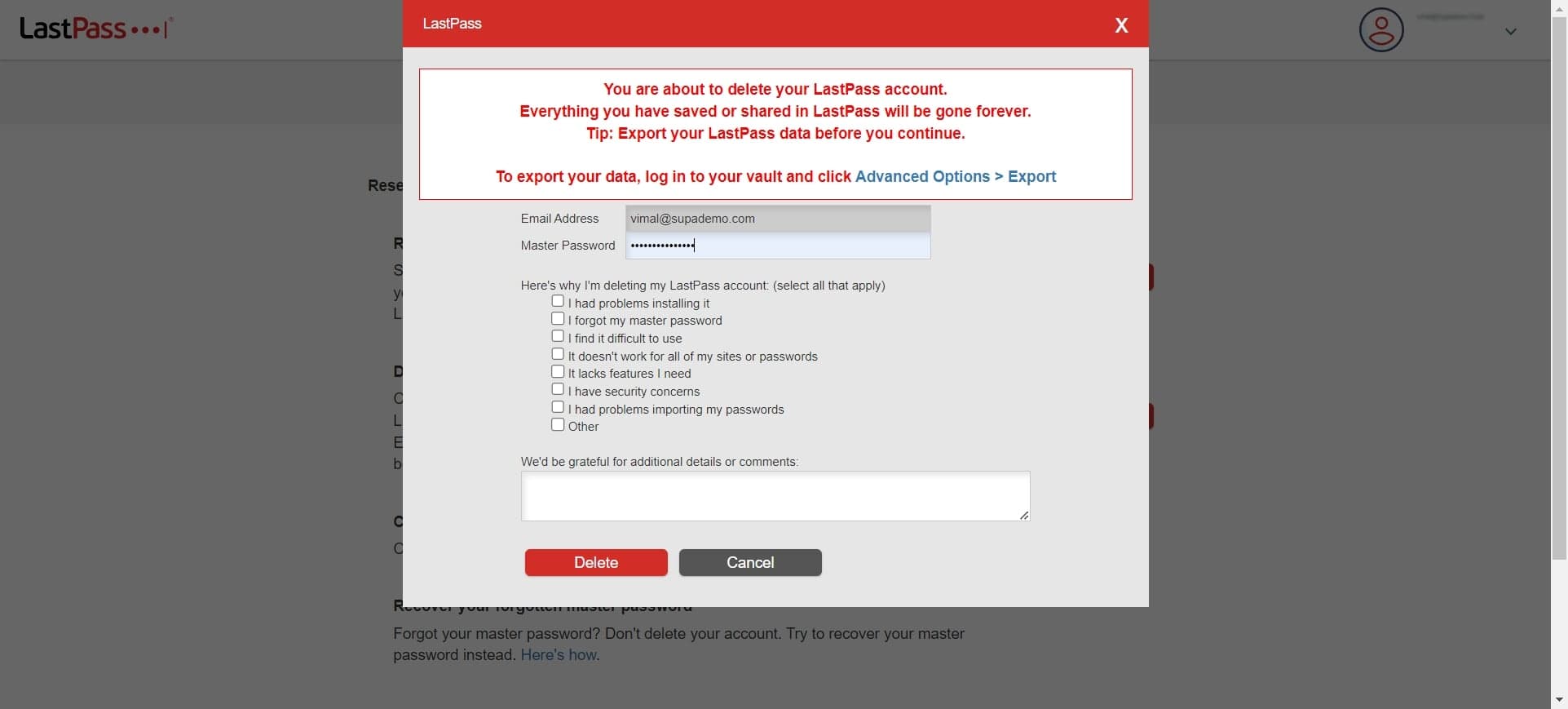 Confirm deletion request
