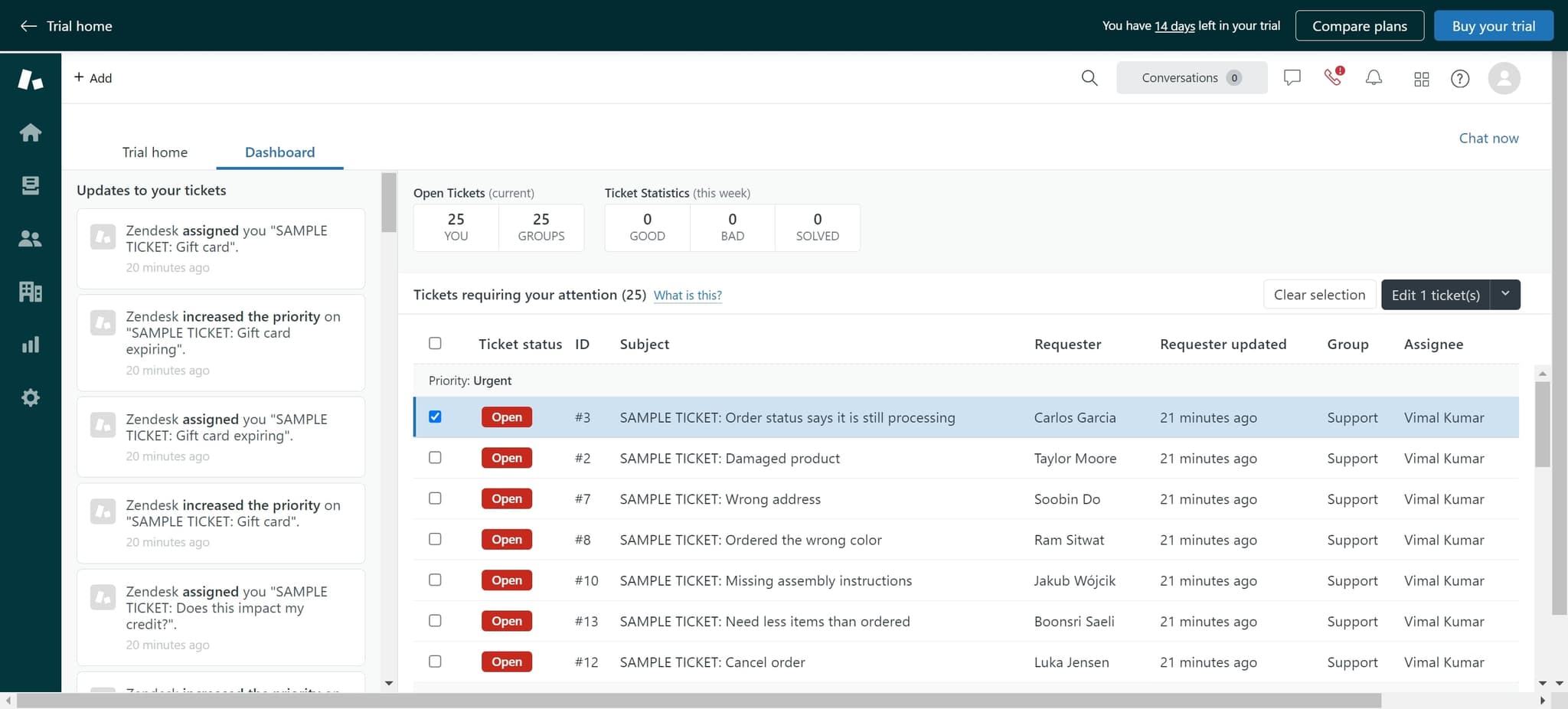 Access ticket actions menu
