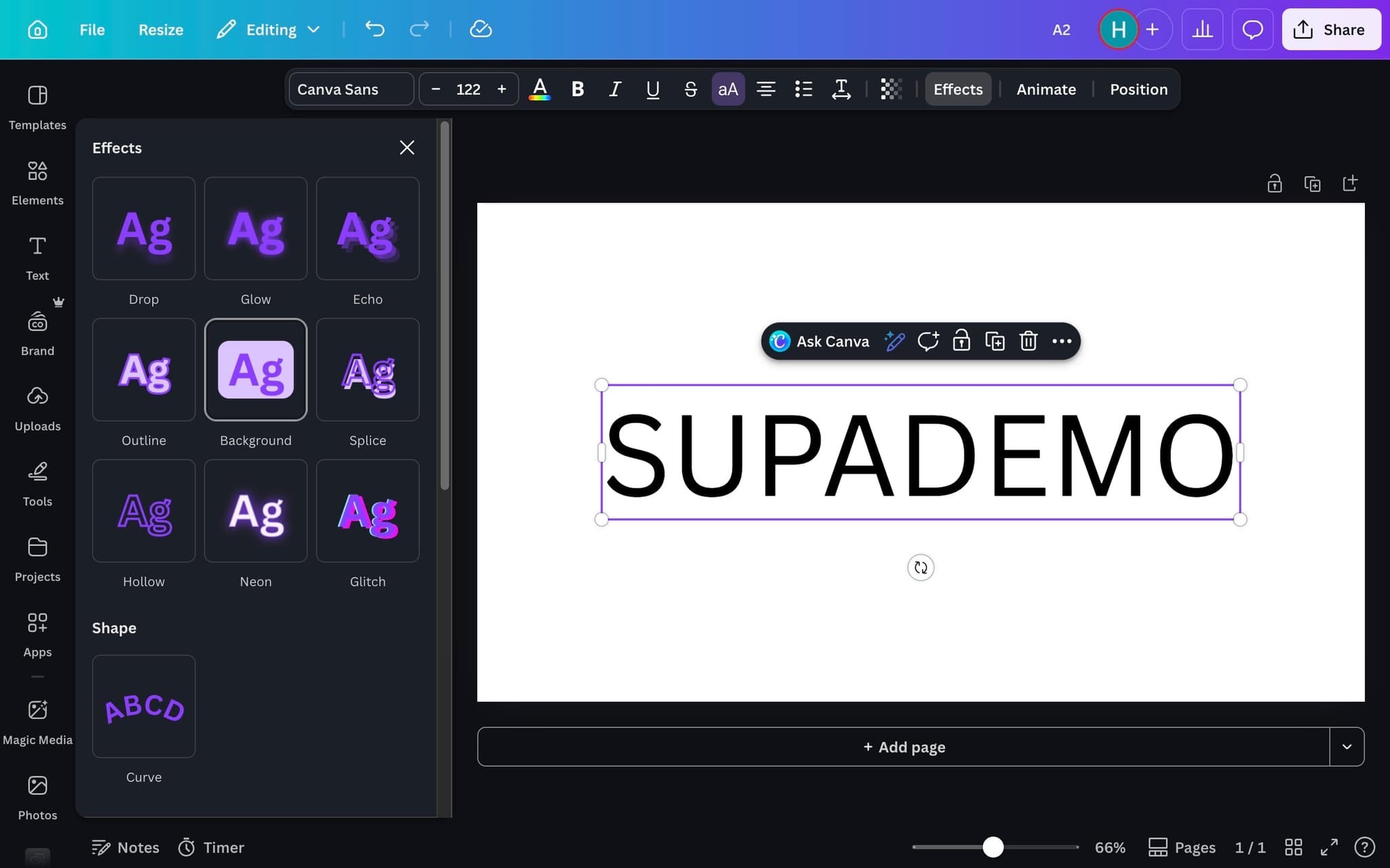 Select the Background effect