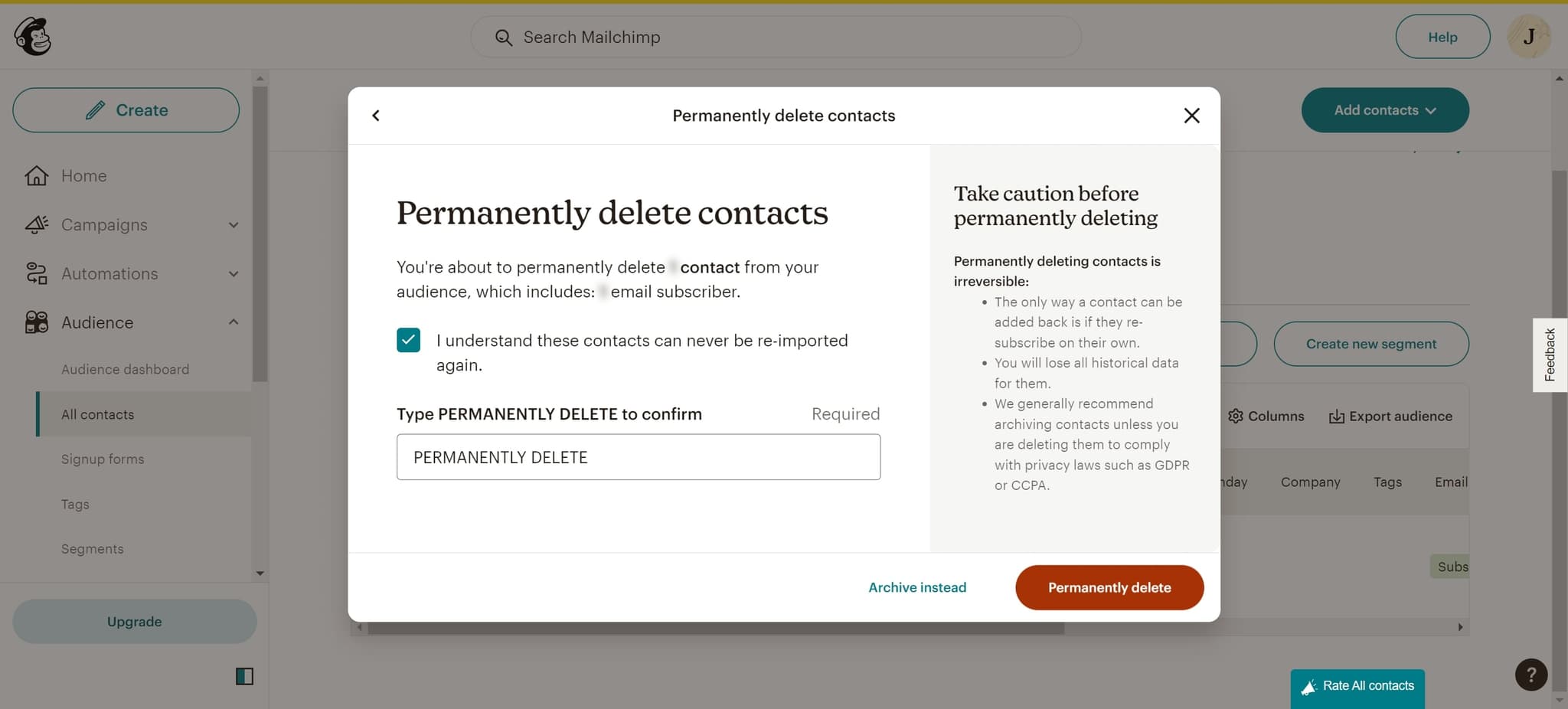 Permanently delete the contact