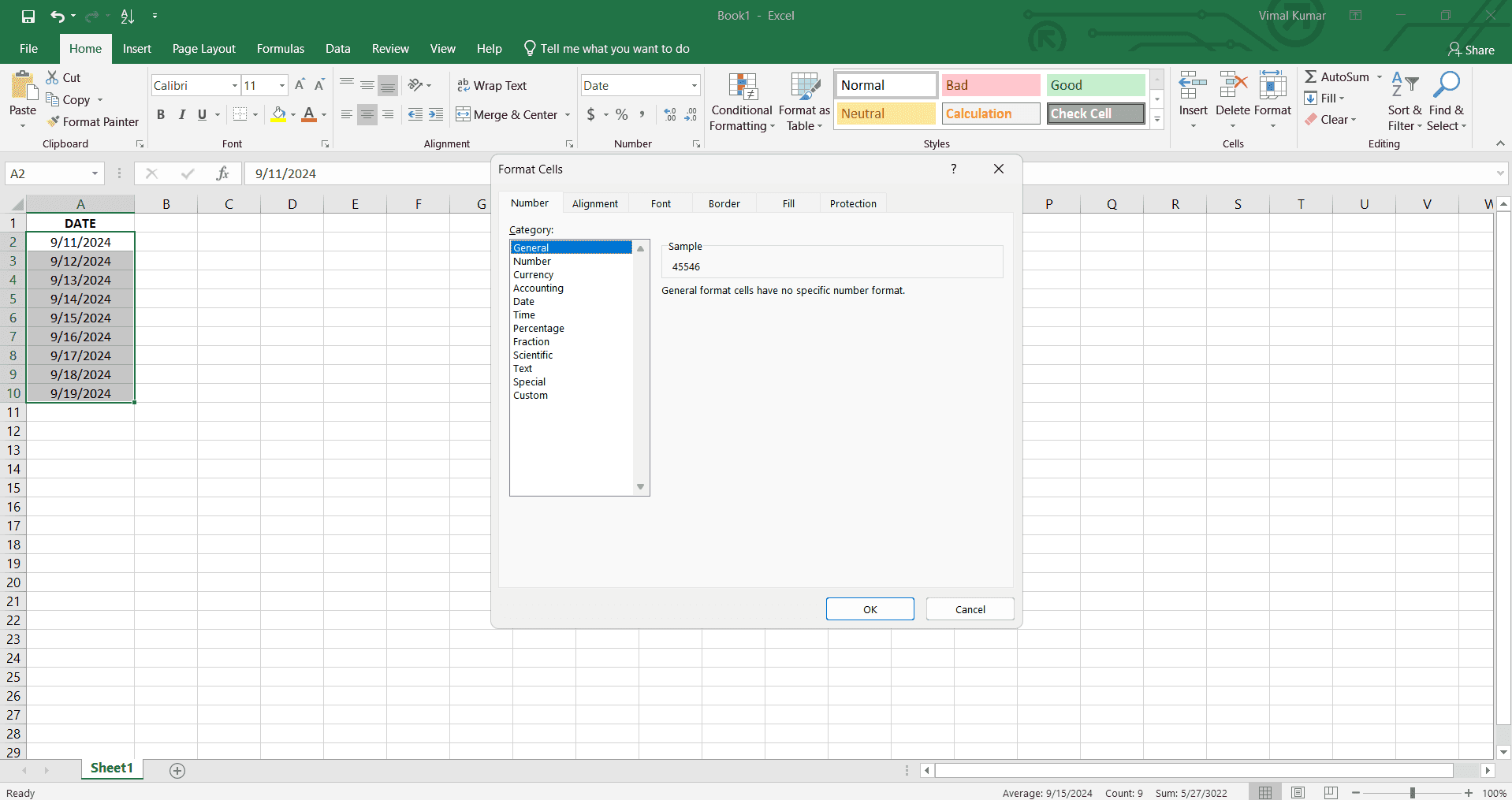 Navigate to Number tab