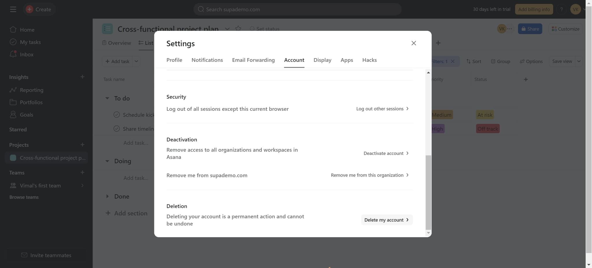 Click Delete my account
