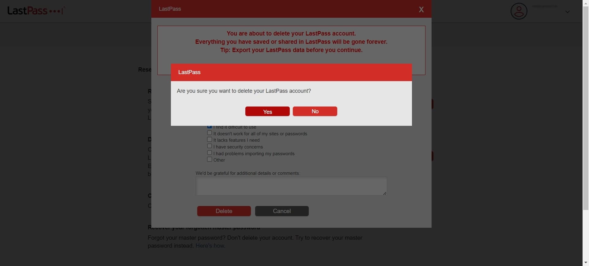Confirm account deletion