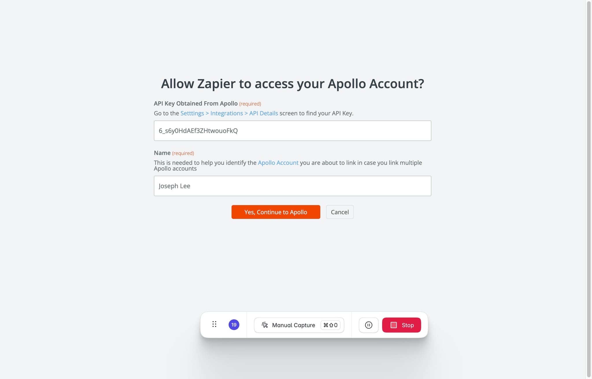Paste your API key and authenticate