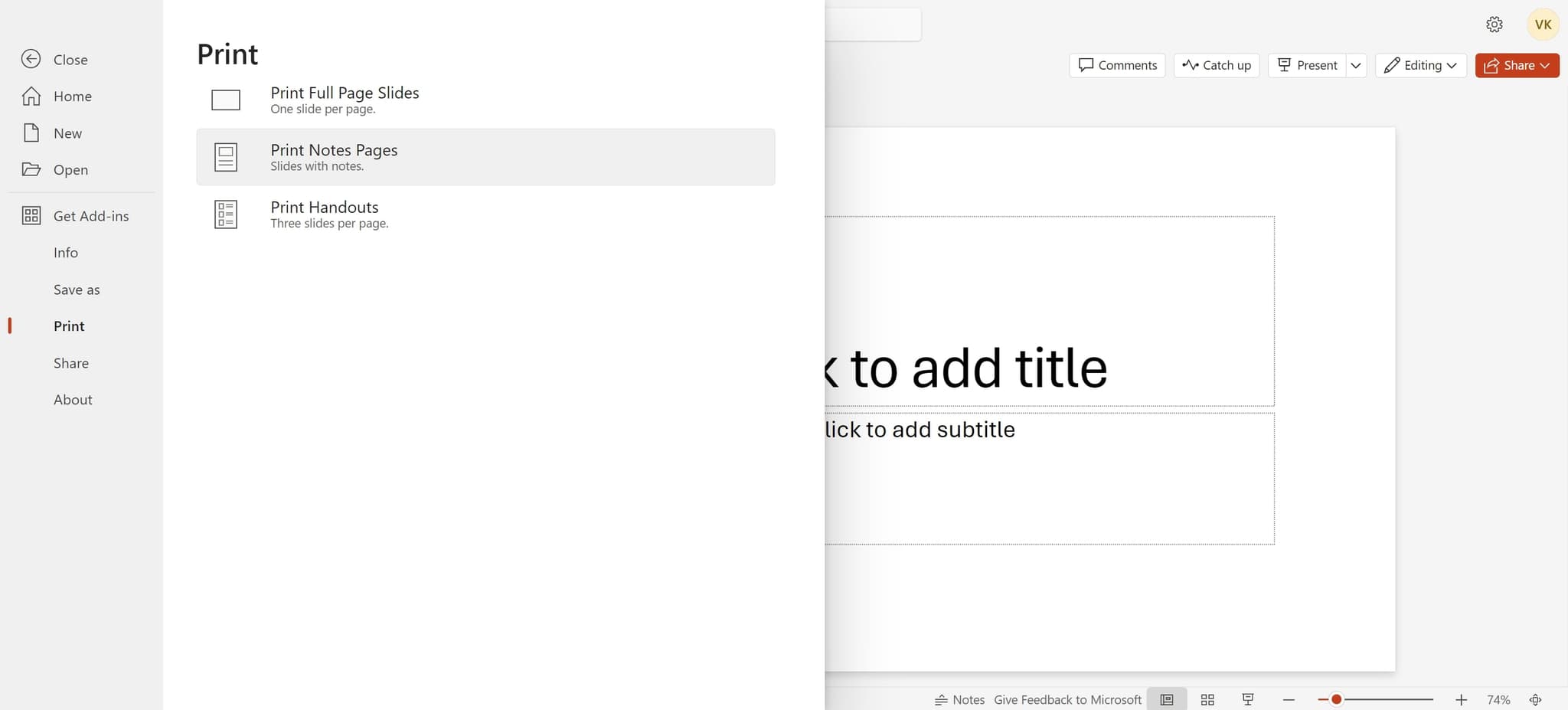 Choose Slides with notes layout