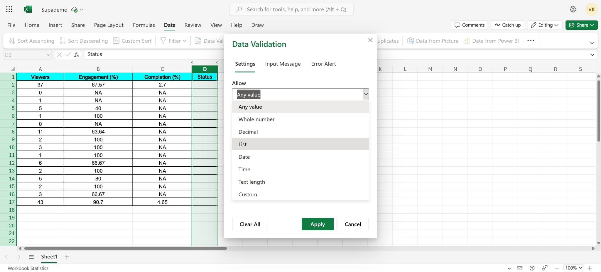 Select List as validation type
