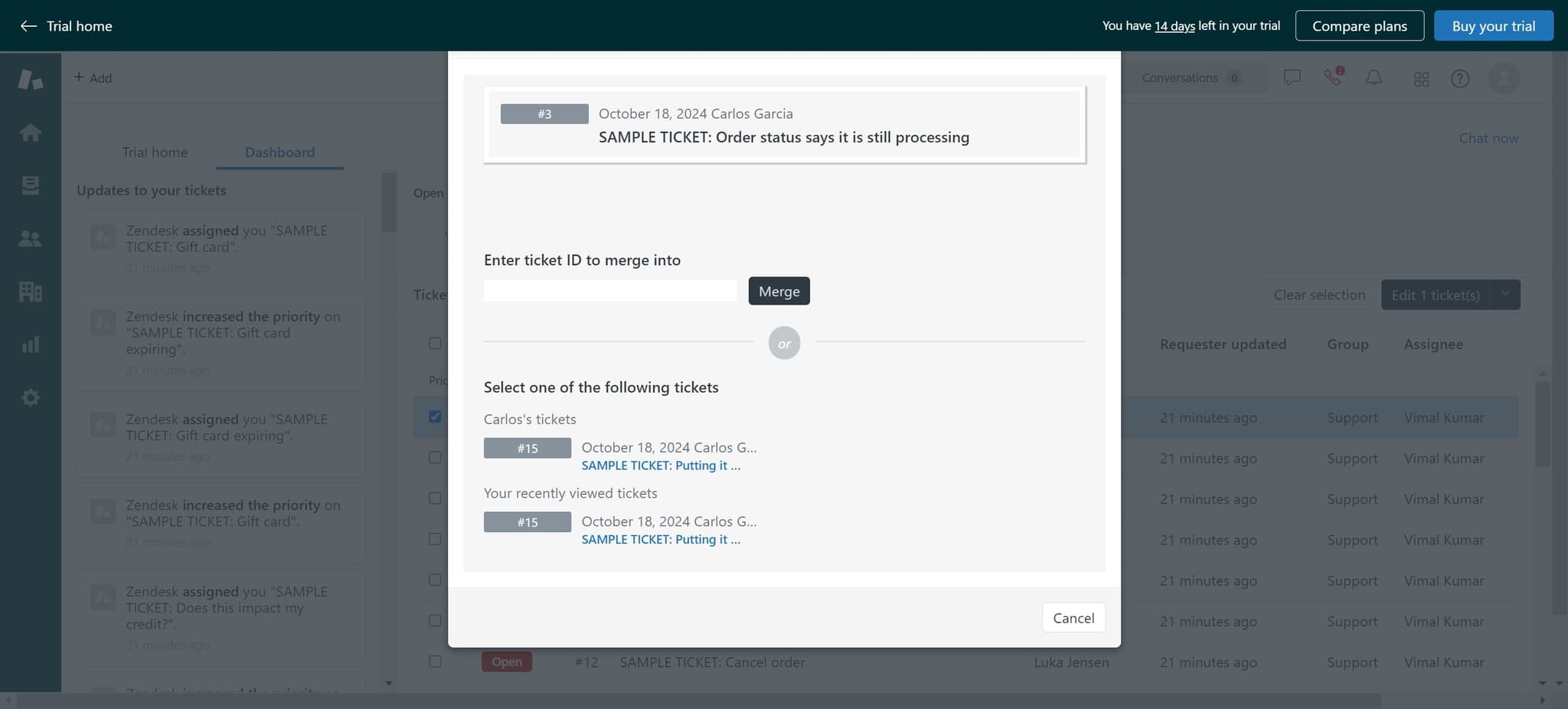 Choose target ticket number