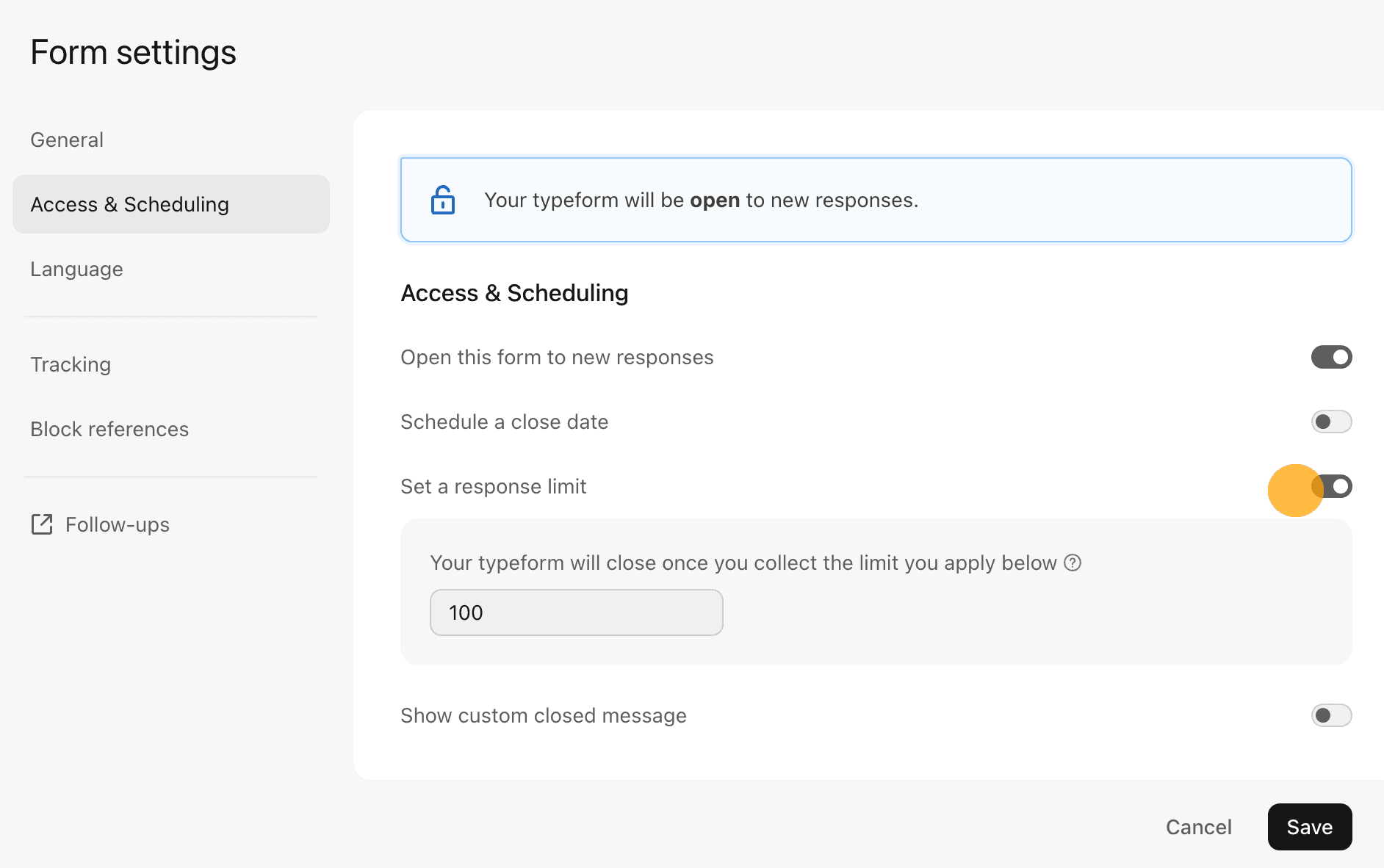Close the form from settings