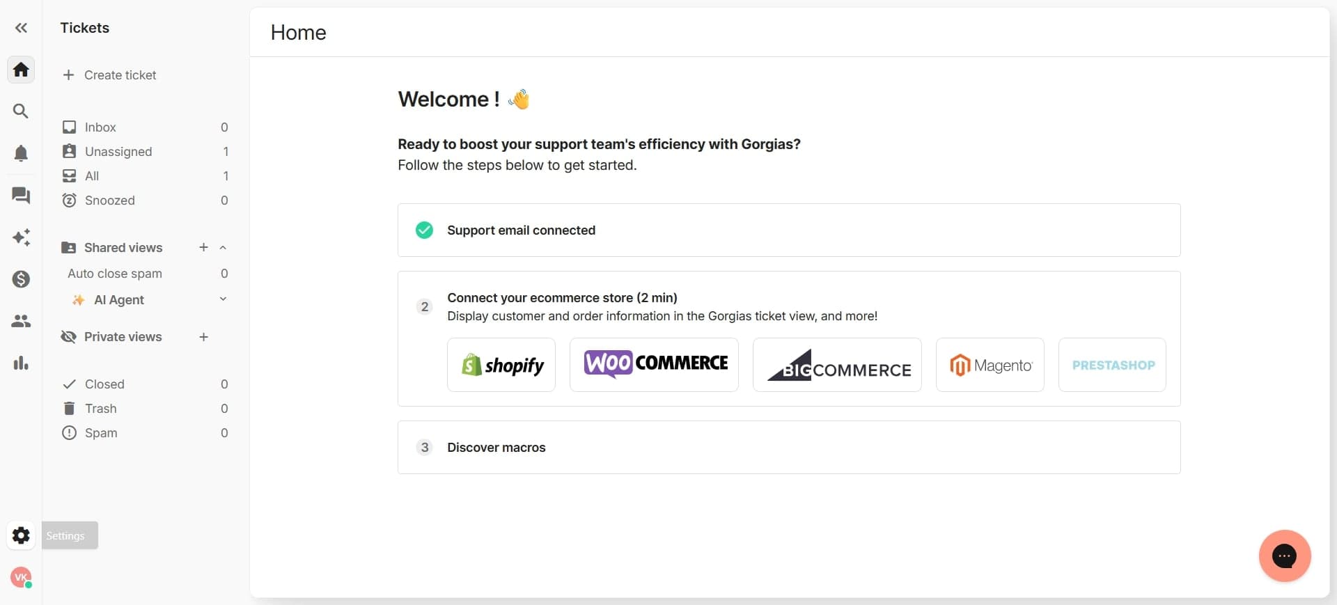 Access Gorgias settings panel