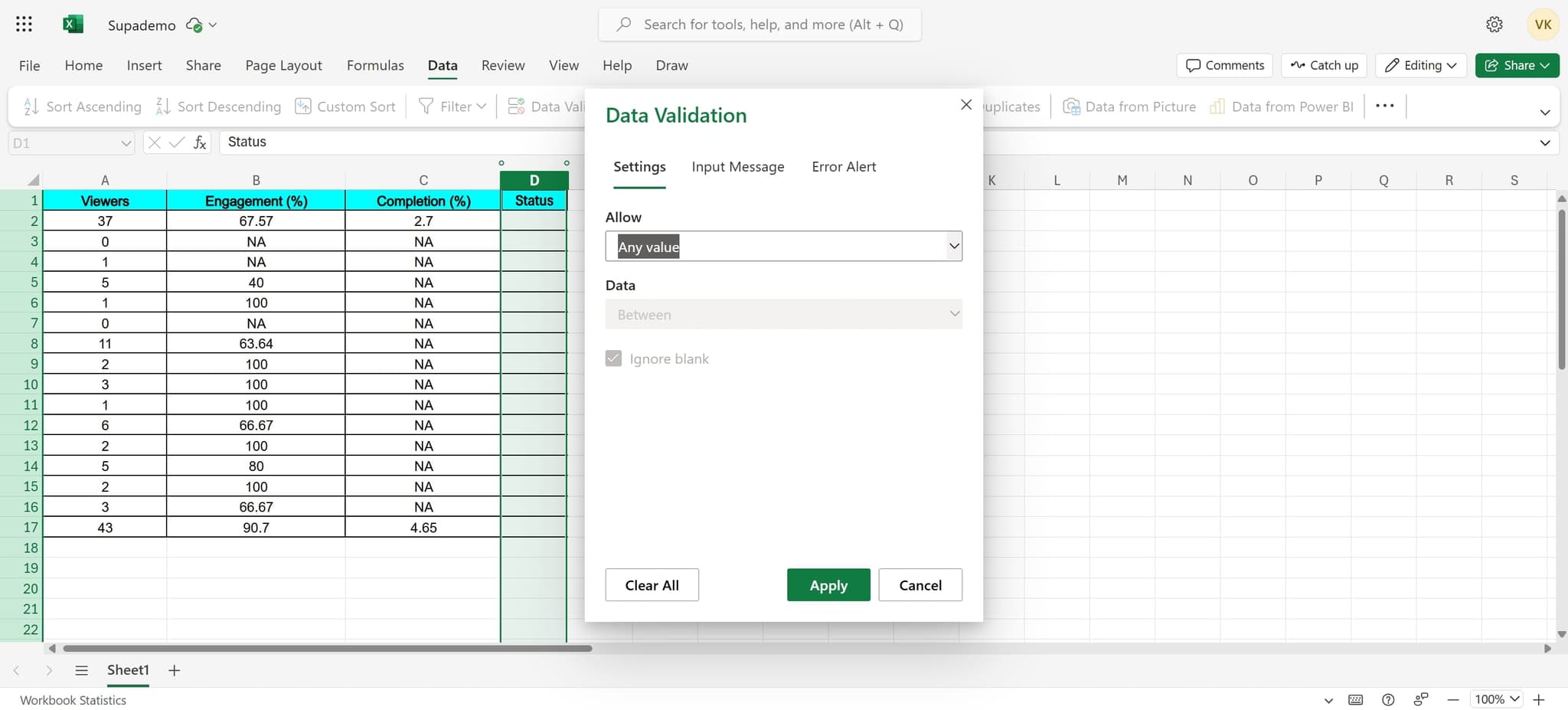 Configure the validation element
