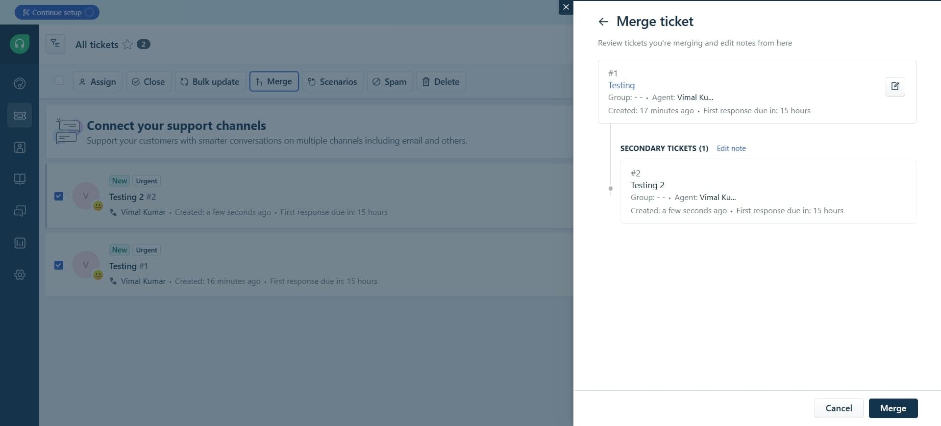 Select tickets to merge