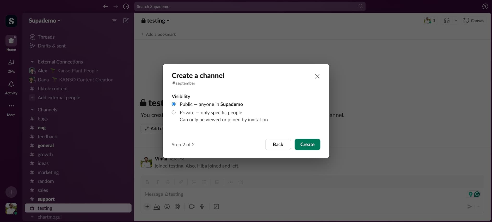 Choose private channel setting