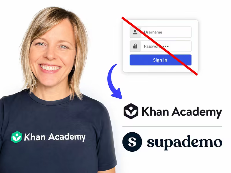 Rachel Anderson of Khan Academy beside a crossed-out sign-in form, with the Khan Academy and Supademo logos