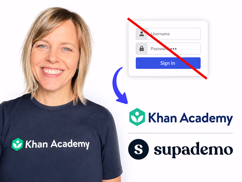 Rachel Anderson of Khan Academy beside a crossed-out sign-in form, with the Khan Academy and Supademo logos