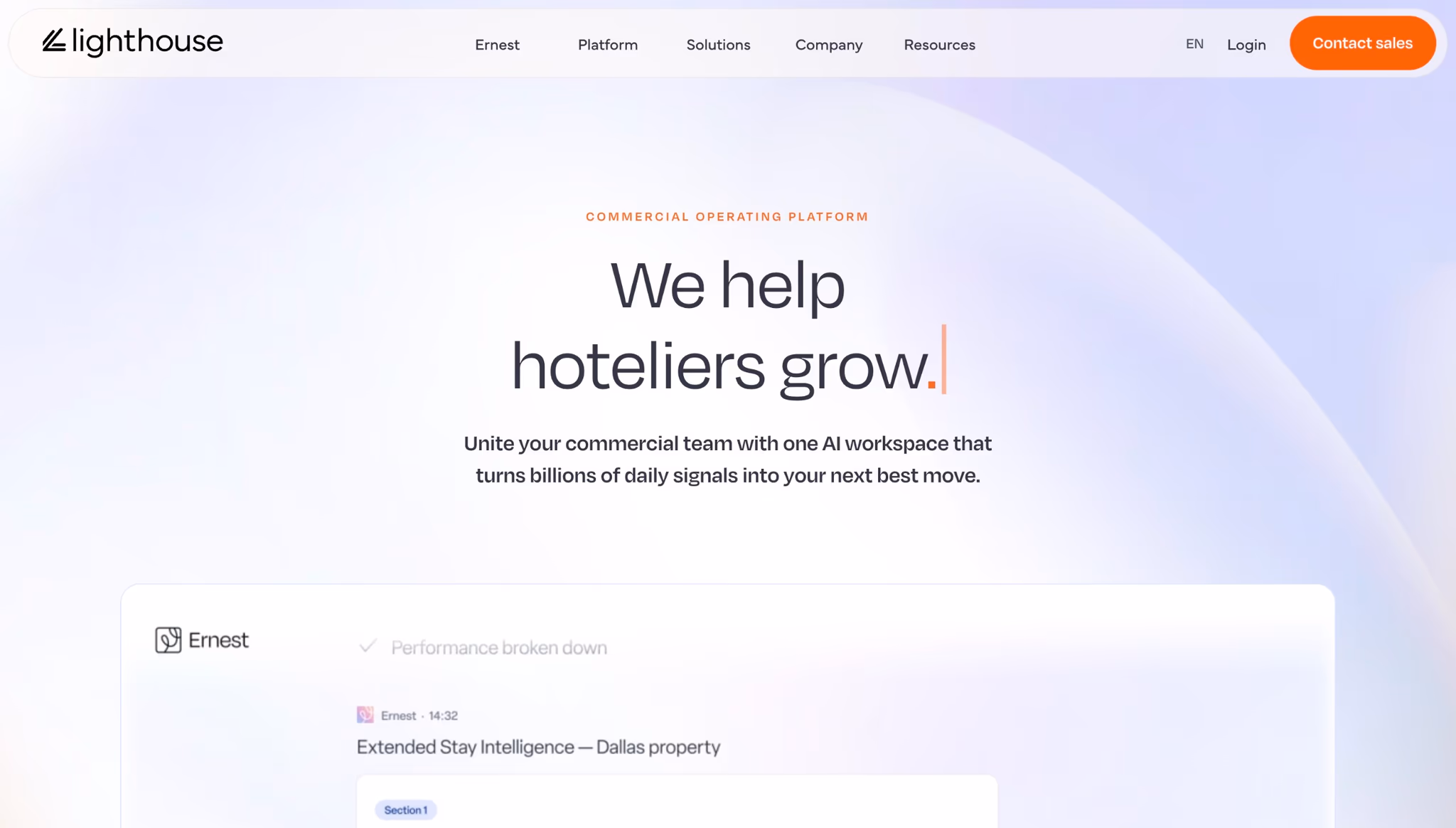 Lighthouse's homepage, headlined We help hoteliers grow