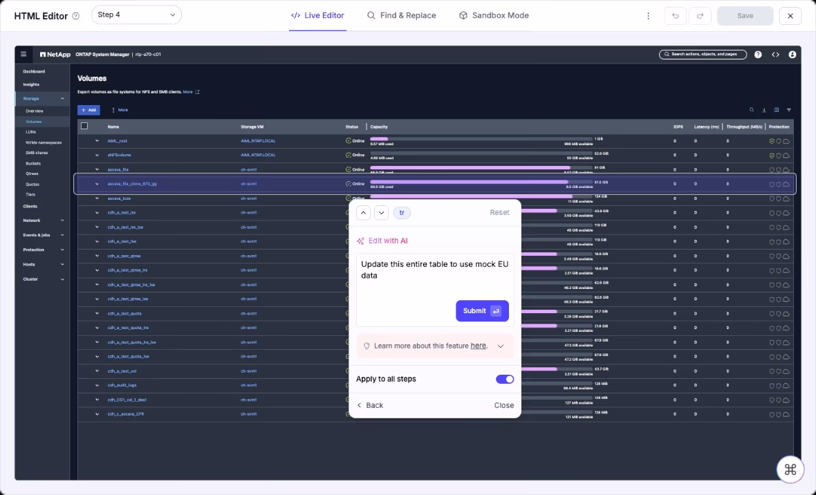 The Supademo HTML editor with Edit with AI open on a NetApp ONTAP volumes table, prompted to swap the table for mock EU data across all steps