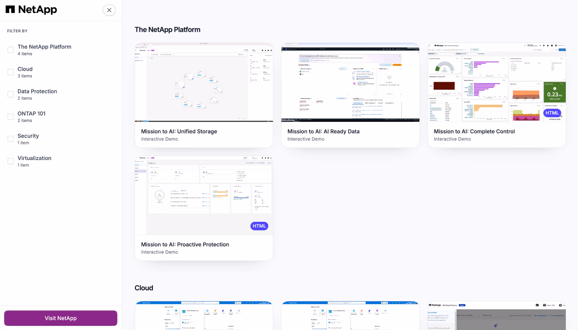 NetApp's demo gallery, with filters for The NetApp Platform, Cloud, Data Protection, ONTAP 101, Security, and Virtualization beside Mission to AI interactive demos