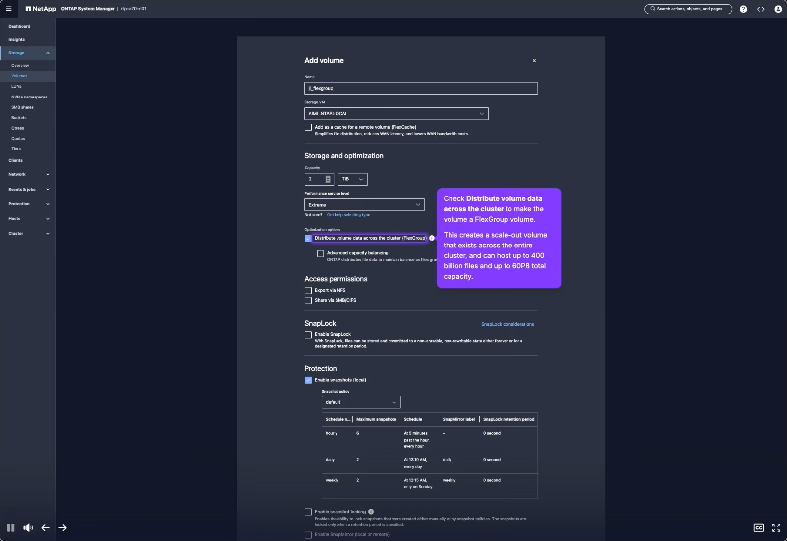 An HTML capture of the ONTAP System Manager Add volume dialog inside Supademo, with an annotation explaining the Distribute volume data across the cluster FlexGroup option