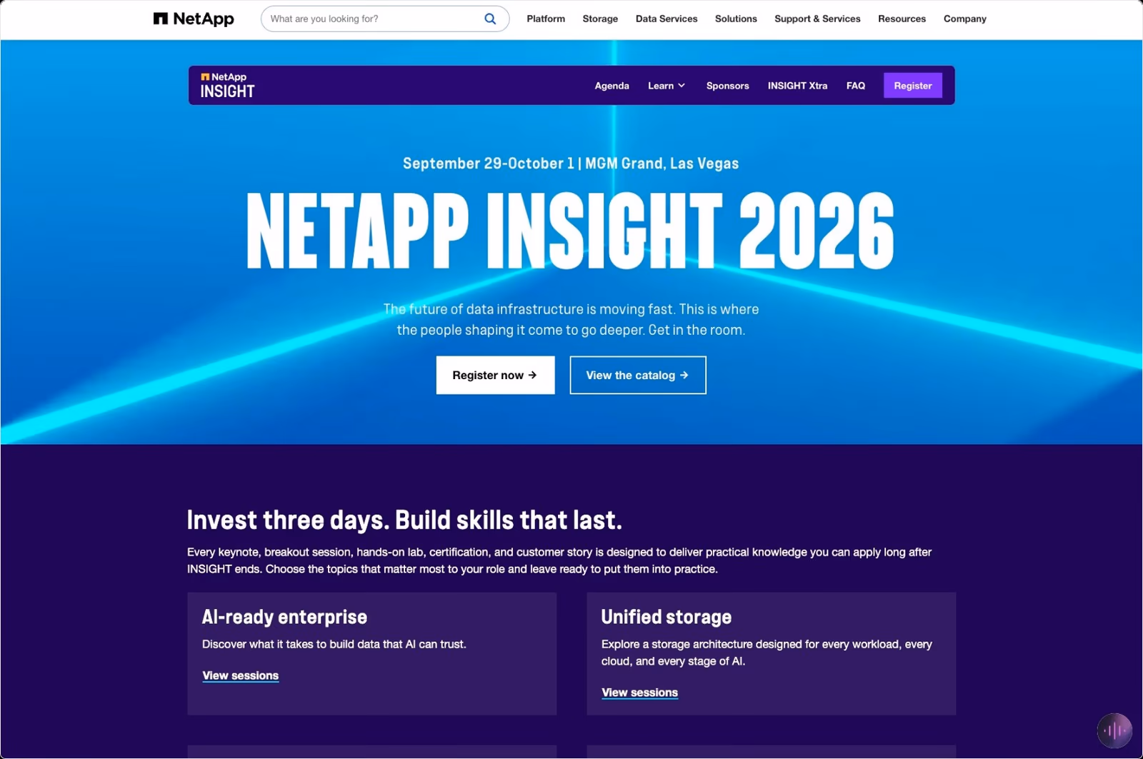 The NetApp INSIGHT 2026 event site, September 29 to October 1 at the MGM Grand in Las Vegas