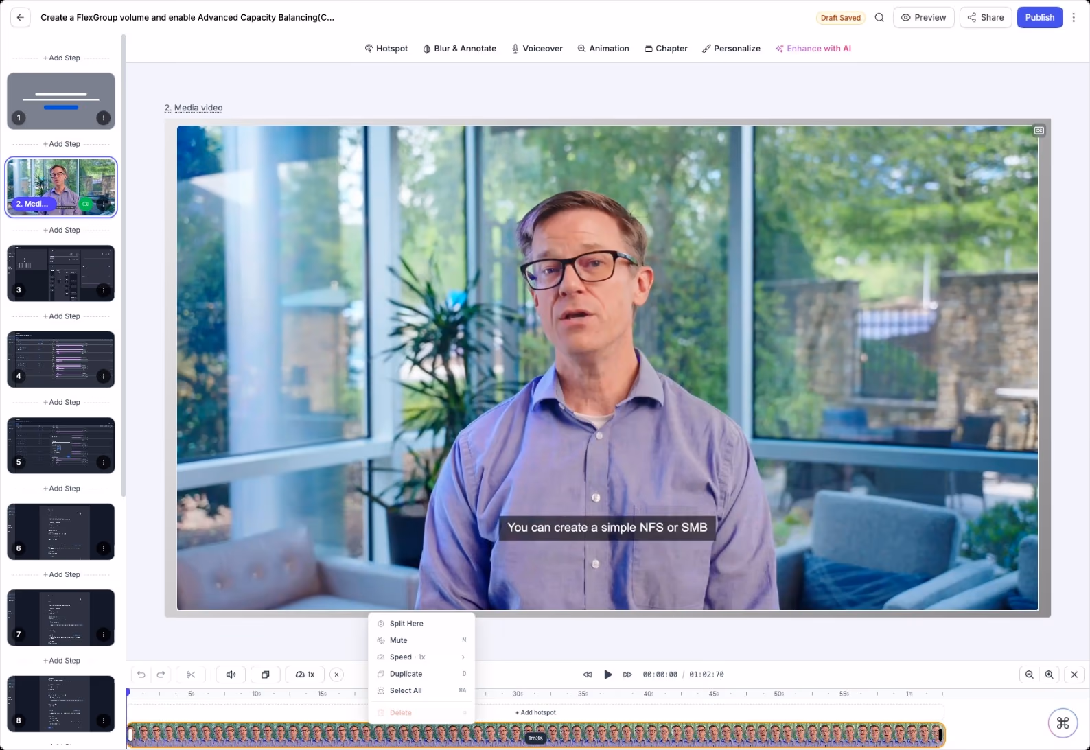 The Supademo editor showing a talking-head video step in a NetApp FlexGroup demo, with the step timeline and per-clip controls