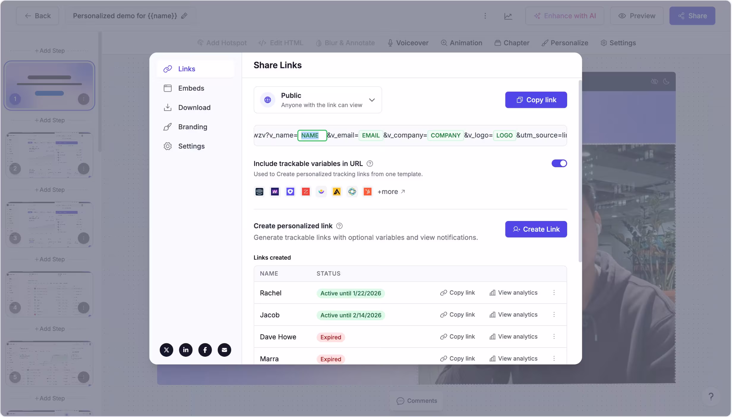 Trackable Share Links feature