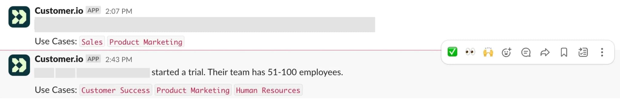 Slack notification showing high-value user signup alert with company details