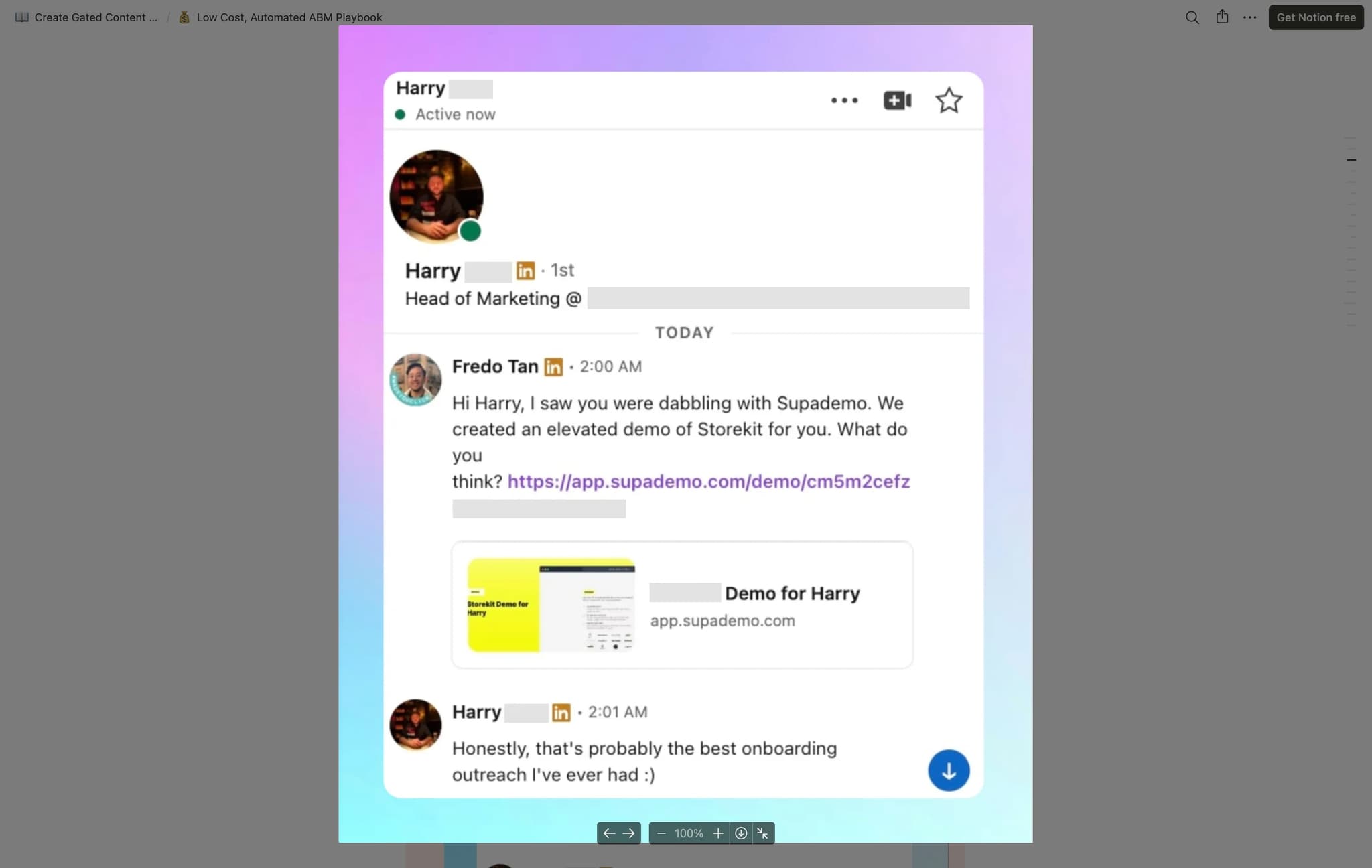 Personalized direct message showcasing custom demo created for prospect