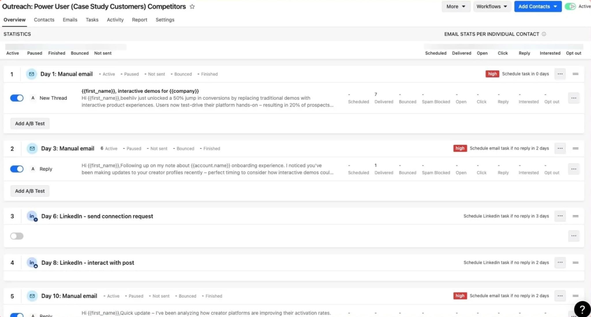 Automated outreach sequence with personalized messaging and case study examples