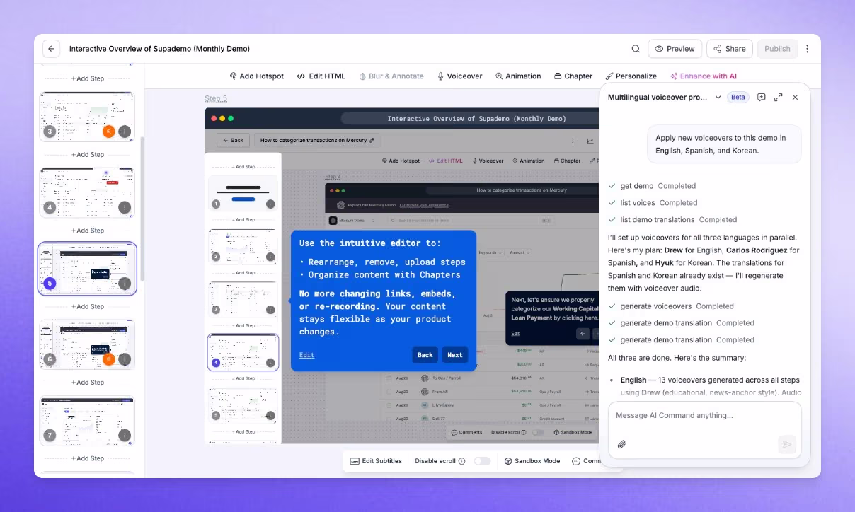 AI Command panel in the Supademo editor generating multilingual voiceovers across a demo from one instruction