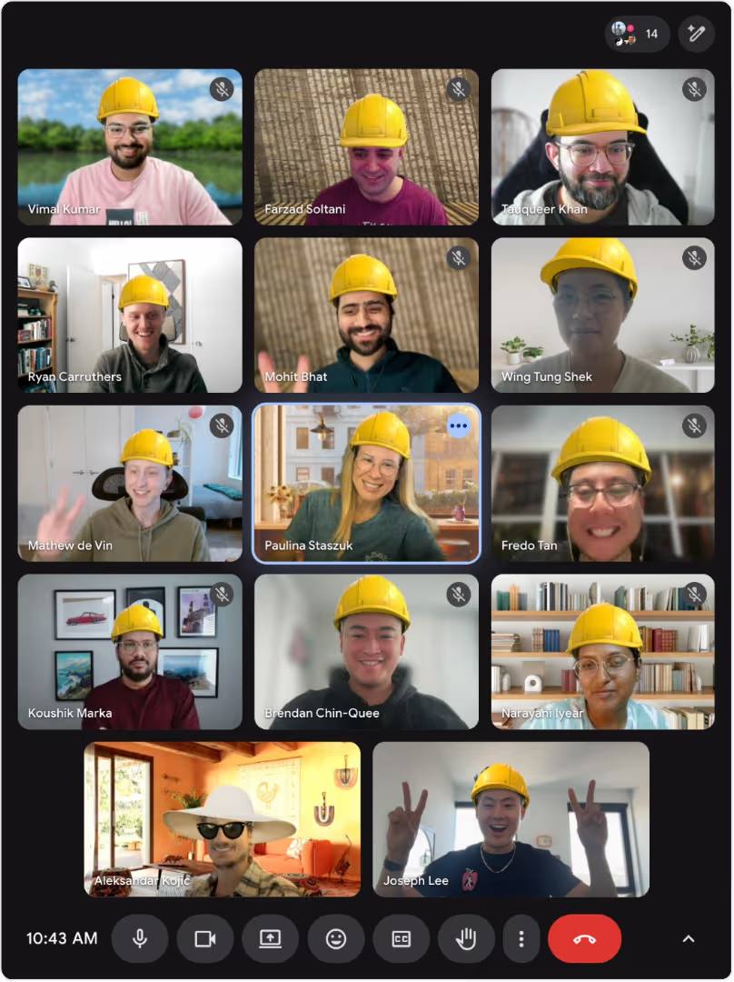 Team video call with hard hats