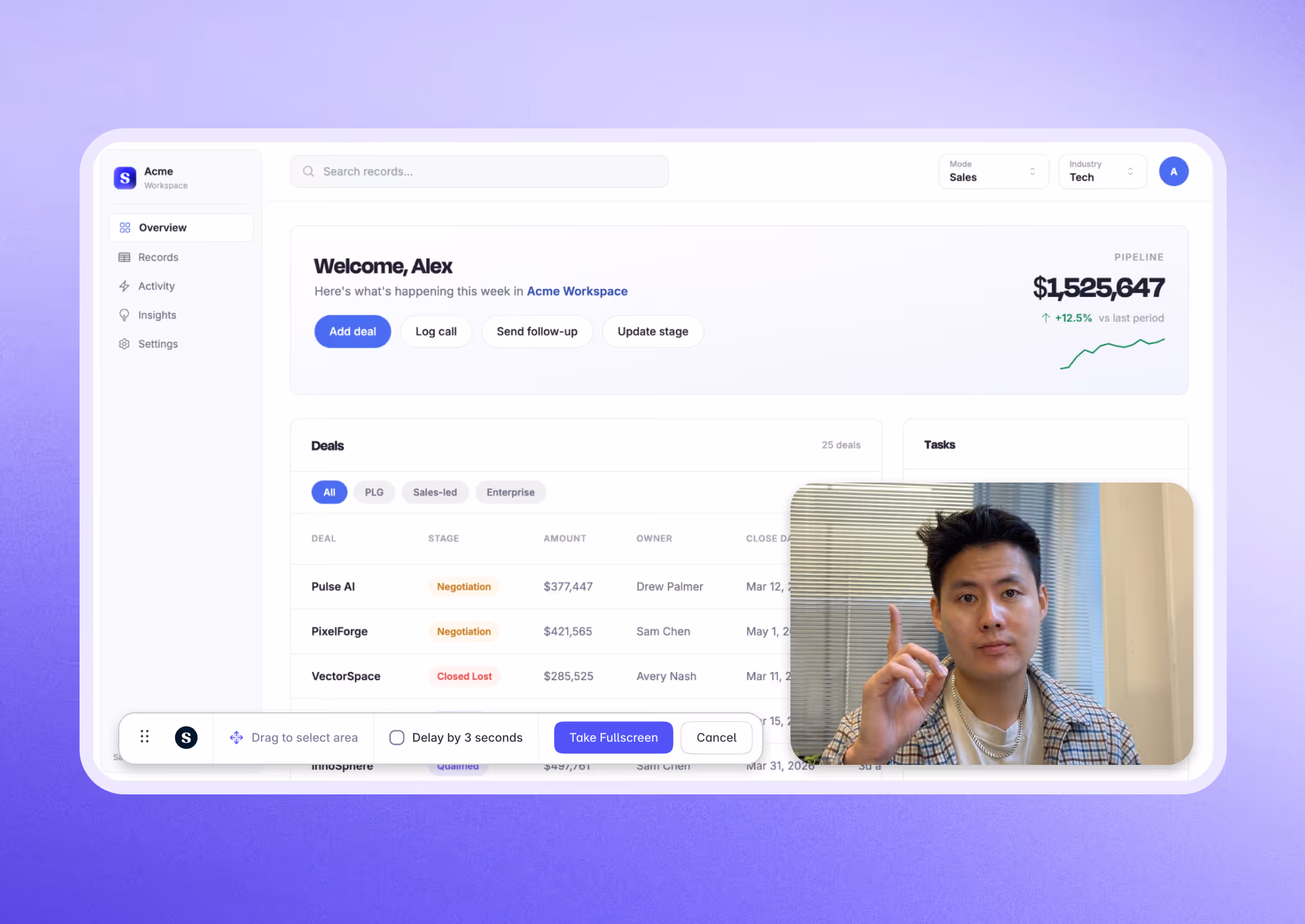 Video demo recording with screenshot capture interface