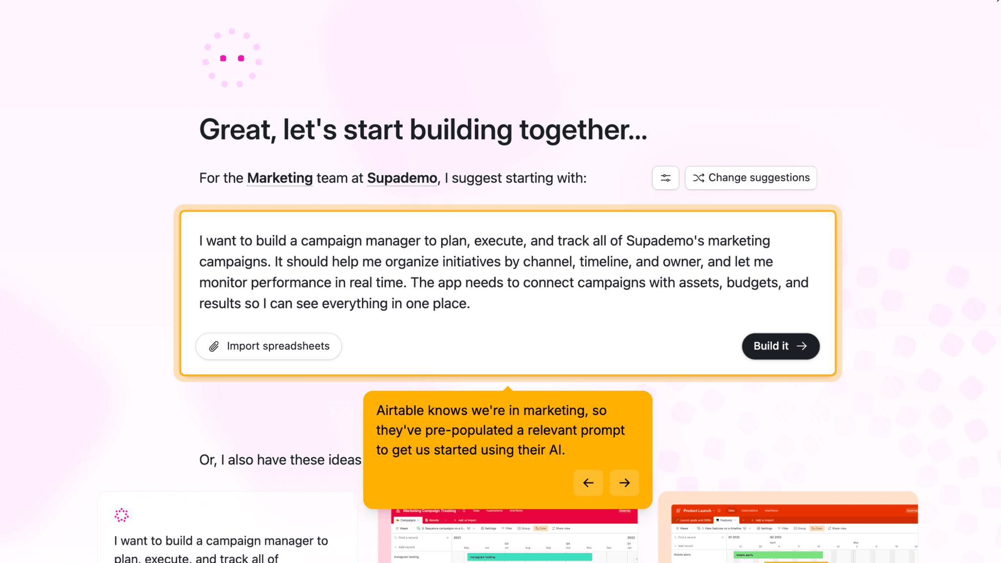 The curated workspace prompt is where the onboarding earns its keep.