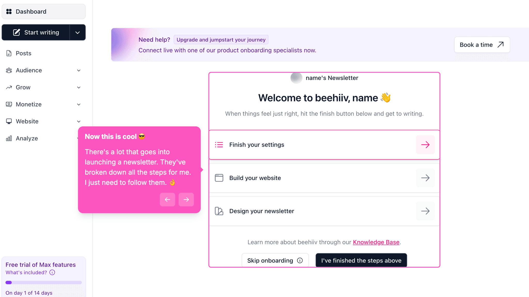 beehiiv onboarding screenshot
