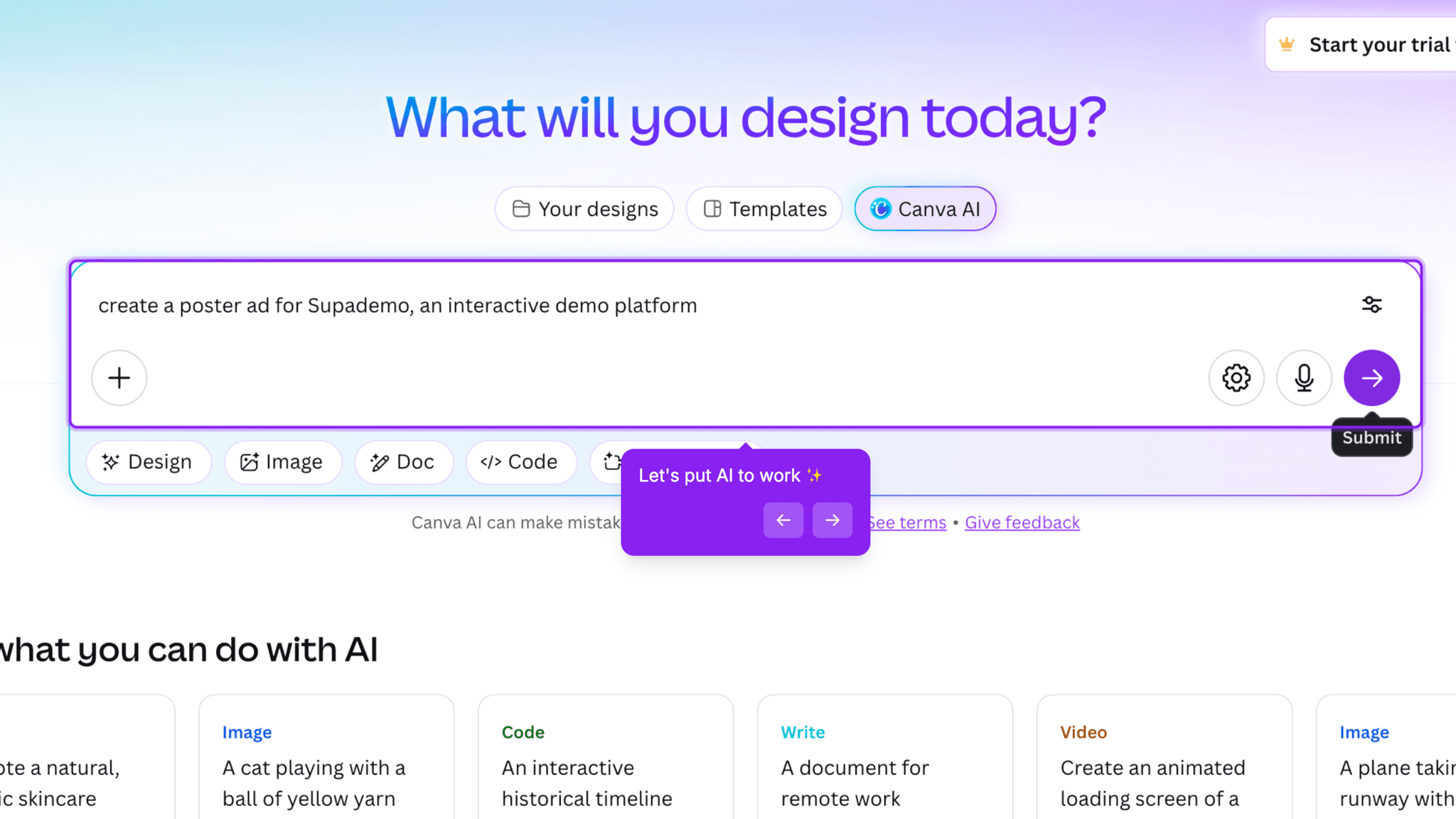 AI tools appear on the dashboard alongside templates: