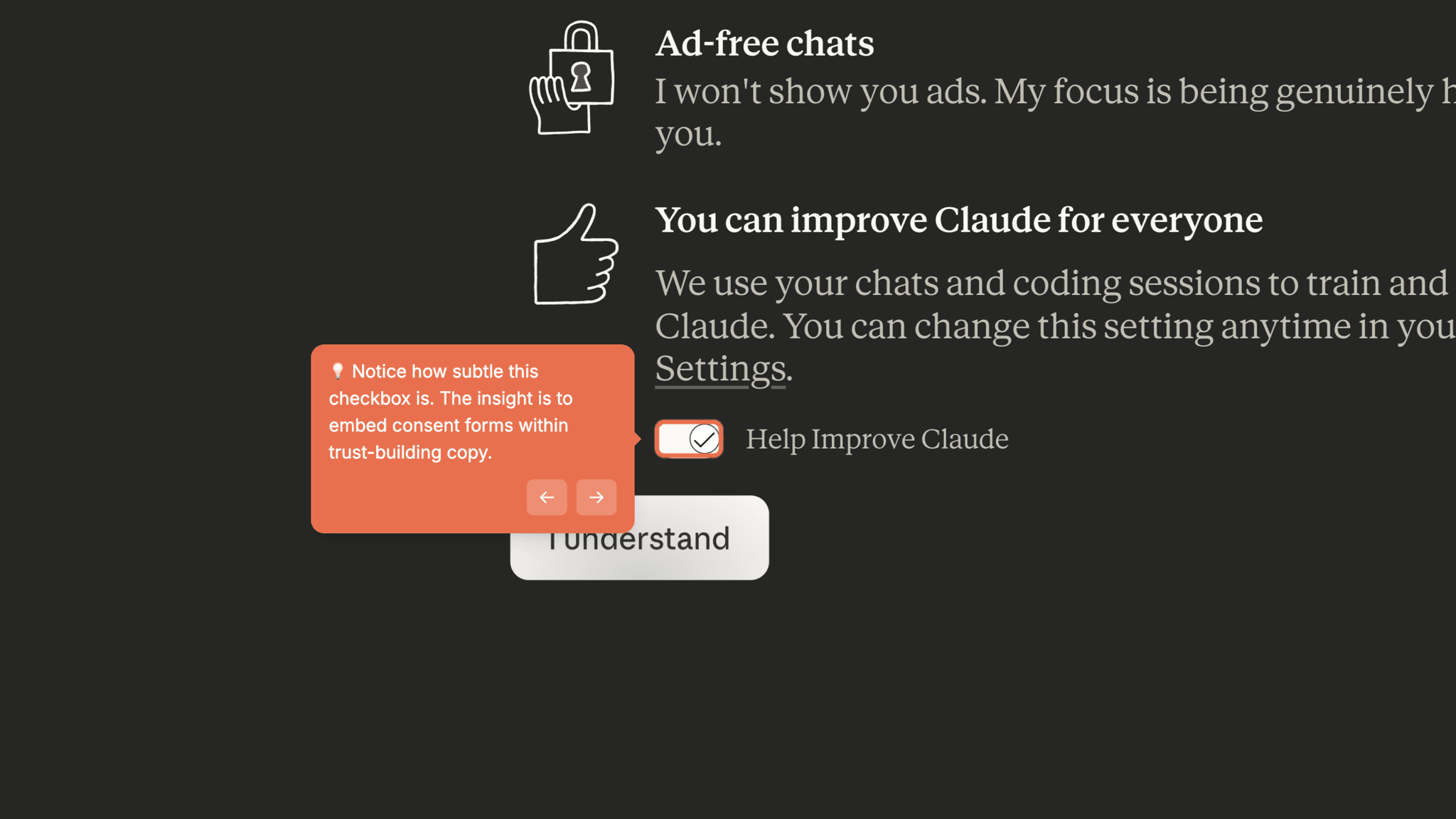 Trust-building consent step embeds agreement inside explanation.