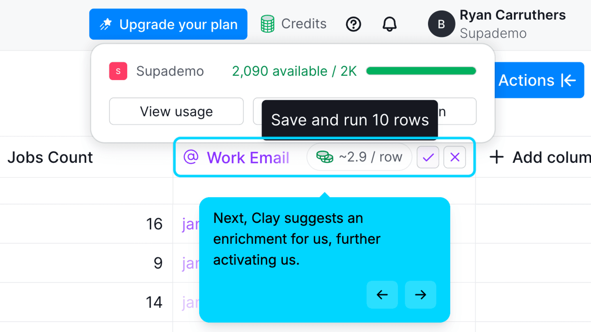 Suggested enrichments appear highlighted in the table after the first run completes.